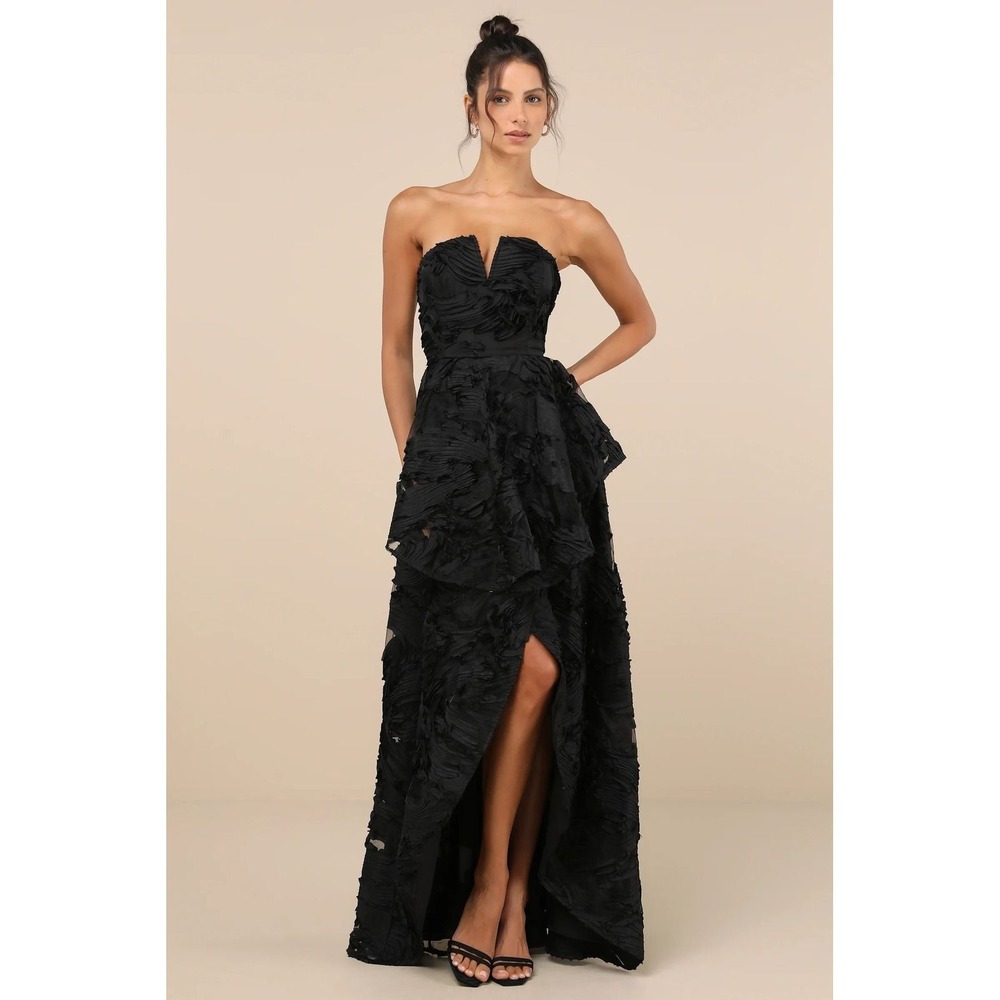 Lulus NWOT Majestic Glam Black Strapless Textured High-Low Maxi Dress - Large